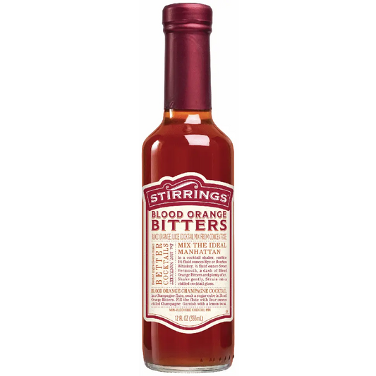 Bottle of Stirrings Blood Orange Bitters on a white background
