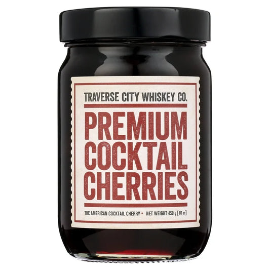 Jar of Traverse City Whiskey Co. Premium Cocktail Cherries on a white background