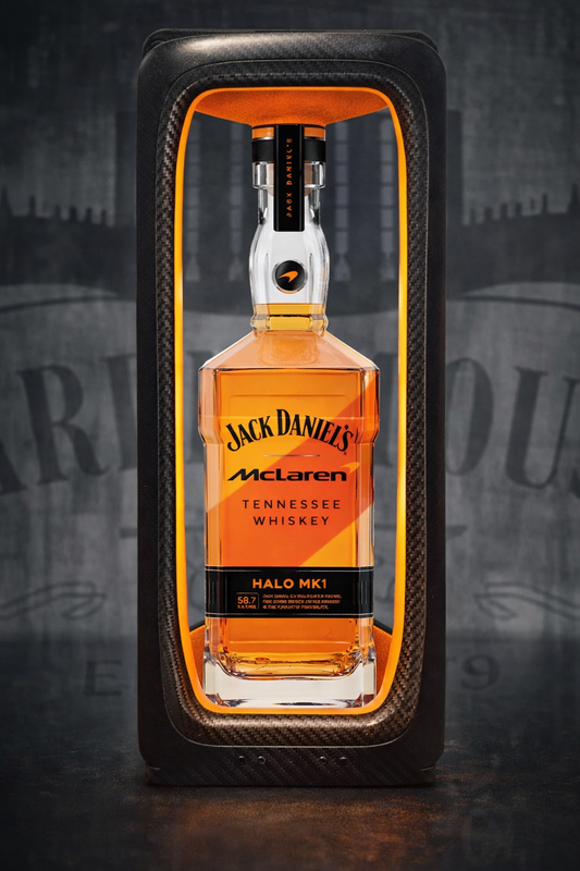 Jack Daniel's Tennessee Whiskey bottle in a McLaren packaging on a dark background