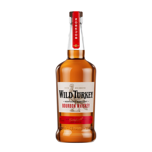 A bottle of Wild Turkey Kentucky Straight Bourbon Whiskey with a red cap and a label that includes the brand name and the type of whiskey.