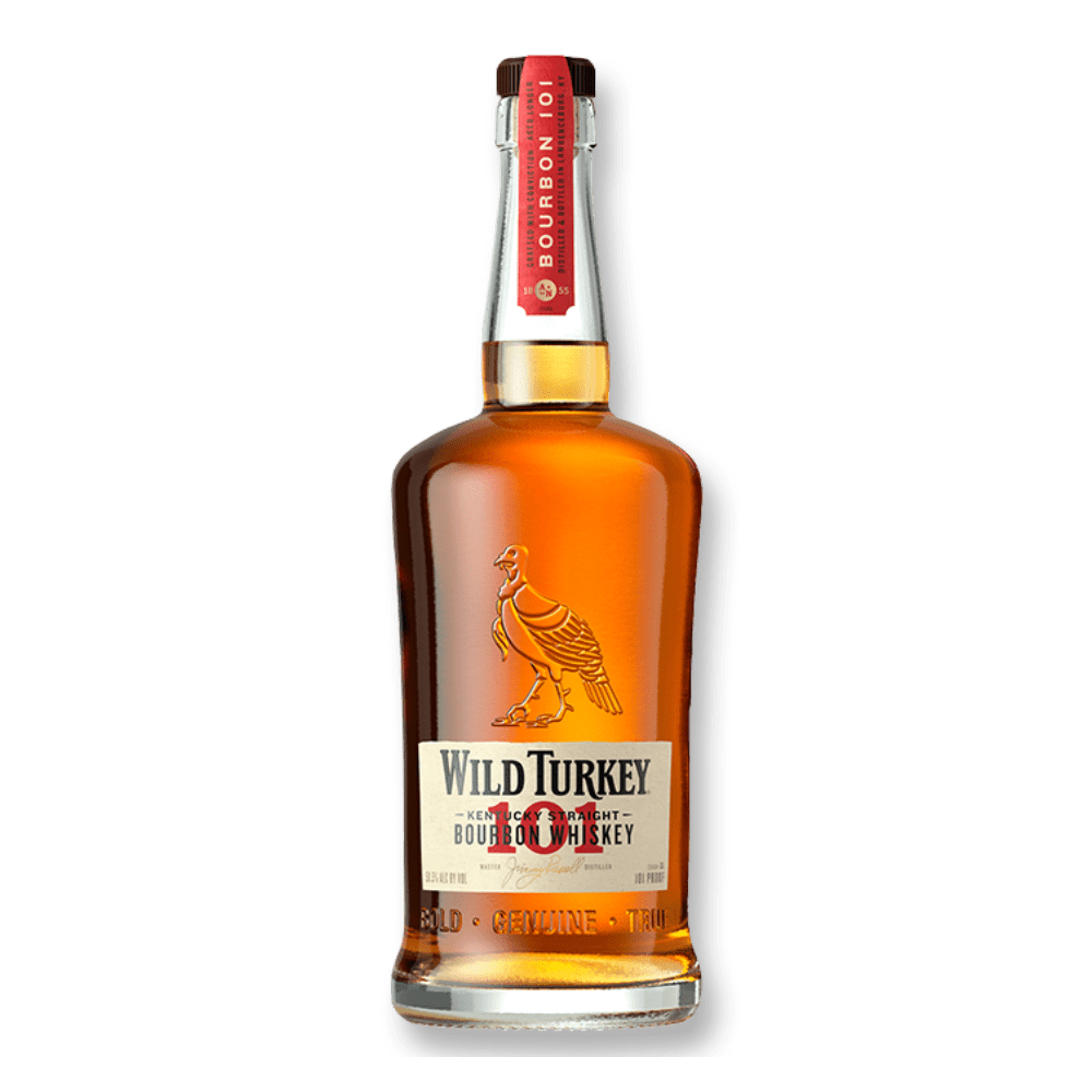 A bottle of Wild Turkey 101 Kentucky Straight Bourbon Whiskey with a charred oak barrel background.