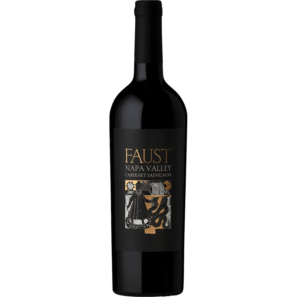 Bottle of Faust Napa Valley Cabernet Sauvignon with a label that features an illustration of a person holding a glass and text.