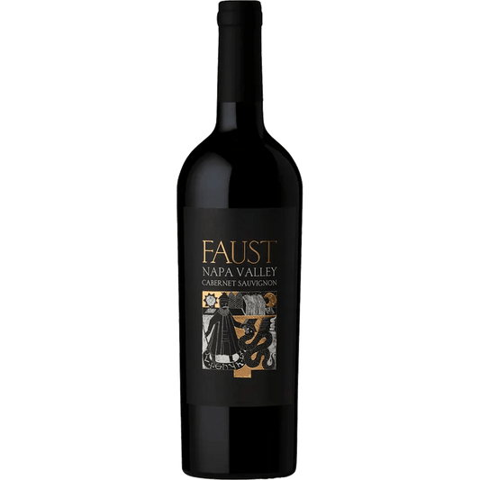 Bottle of Faust Napa Valley Cabernet Sauvignon with a label that features an illustration of a person holding a glass and text.