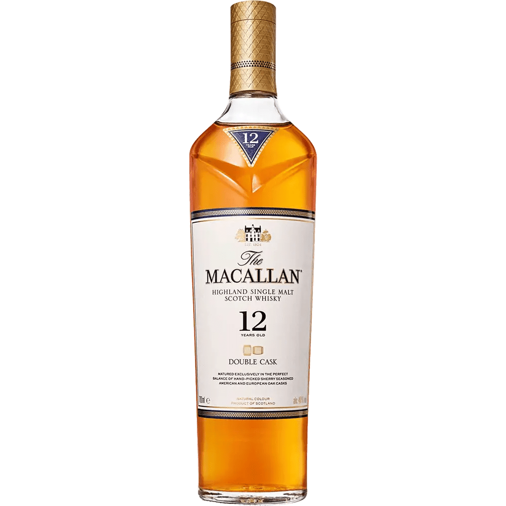 A bottle of The Macallan Scotch Single Malt Double Cask 12 Year with a gold and purple label, displaying the Macallan logo and the number 12 indicating its age.