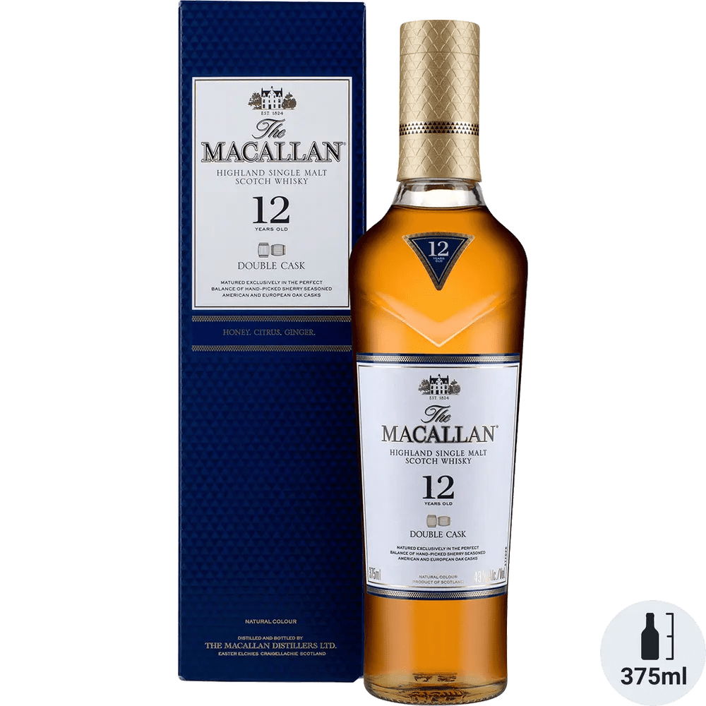 A bottle of The Macallan Scotch Single Malt Double Cask 12 Year with a gold and purple label, displaying the Macallan logo and the number 12 indicating its age.