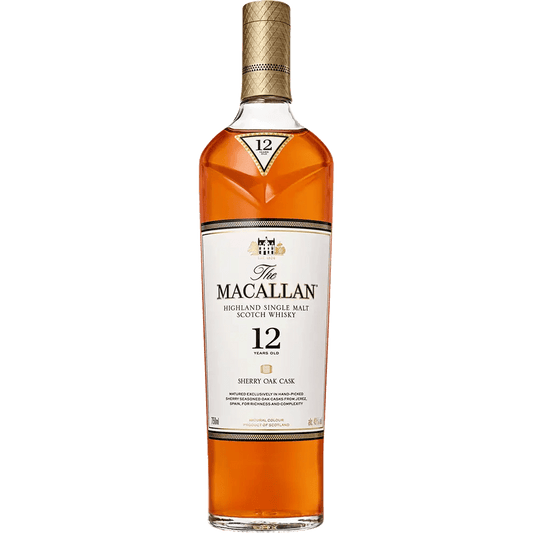 A bottle of The Macallan Sherry Oak Scotch Single Malt 12 Year old with a clear label displaying the brand, product name, and age.