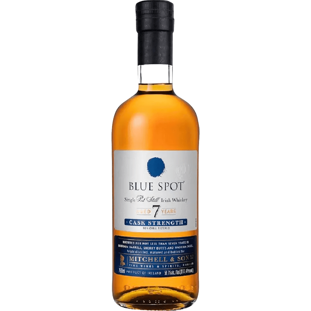 A bottle of Blue Spot Single Pot Still Cask Strength Irish Whiskey with a label displaying the brand and product details.