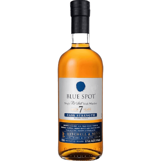 A bottle of Blue Spot Single Pot Still Cask Strength Irish Whiskey with a label displaying the brand and product details.