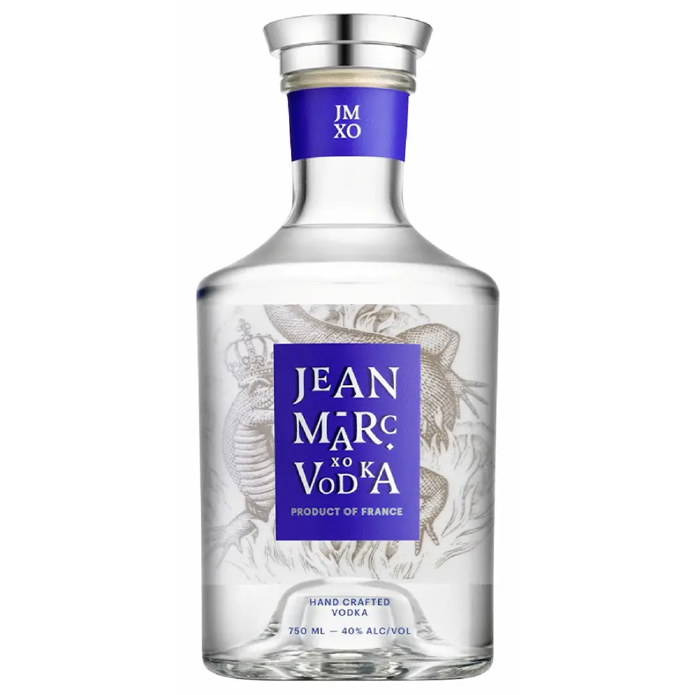 Jean Marc Vodka bottle with blue label on a white background