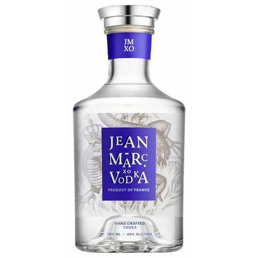 Jean Marc Vodka bottle with blue label on a white background