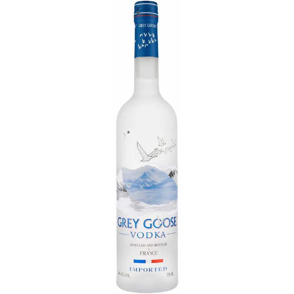 Grey Goose vodka bottle with mountain design on a white background