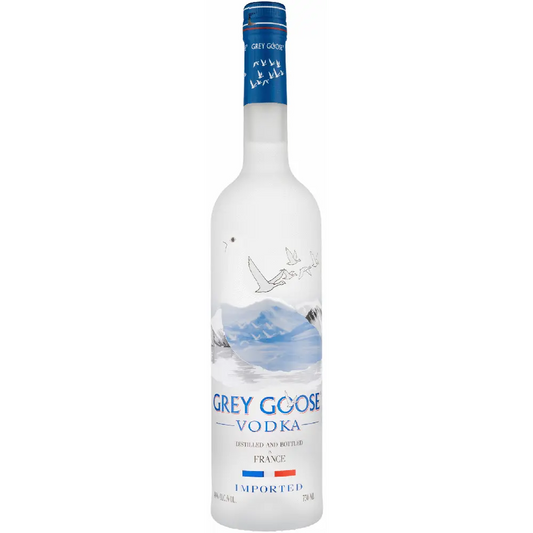 Grey Goose vodka bottle with mountain design on a white background
