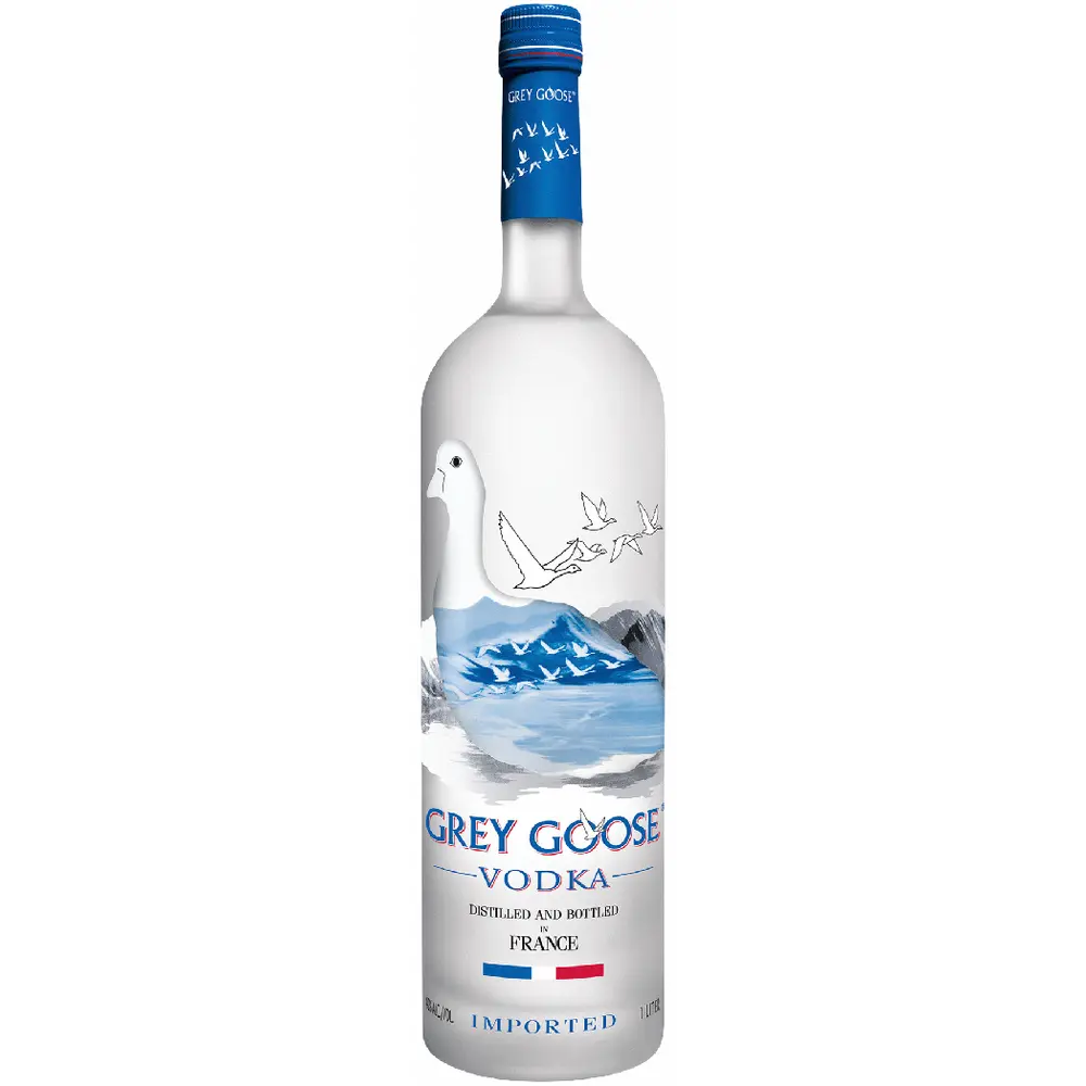 Grey Goose vodka bottle with mountain and goose design on a white background
