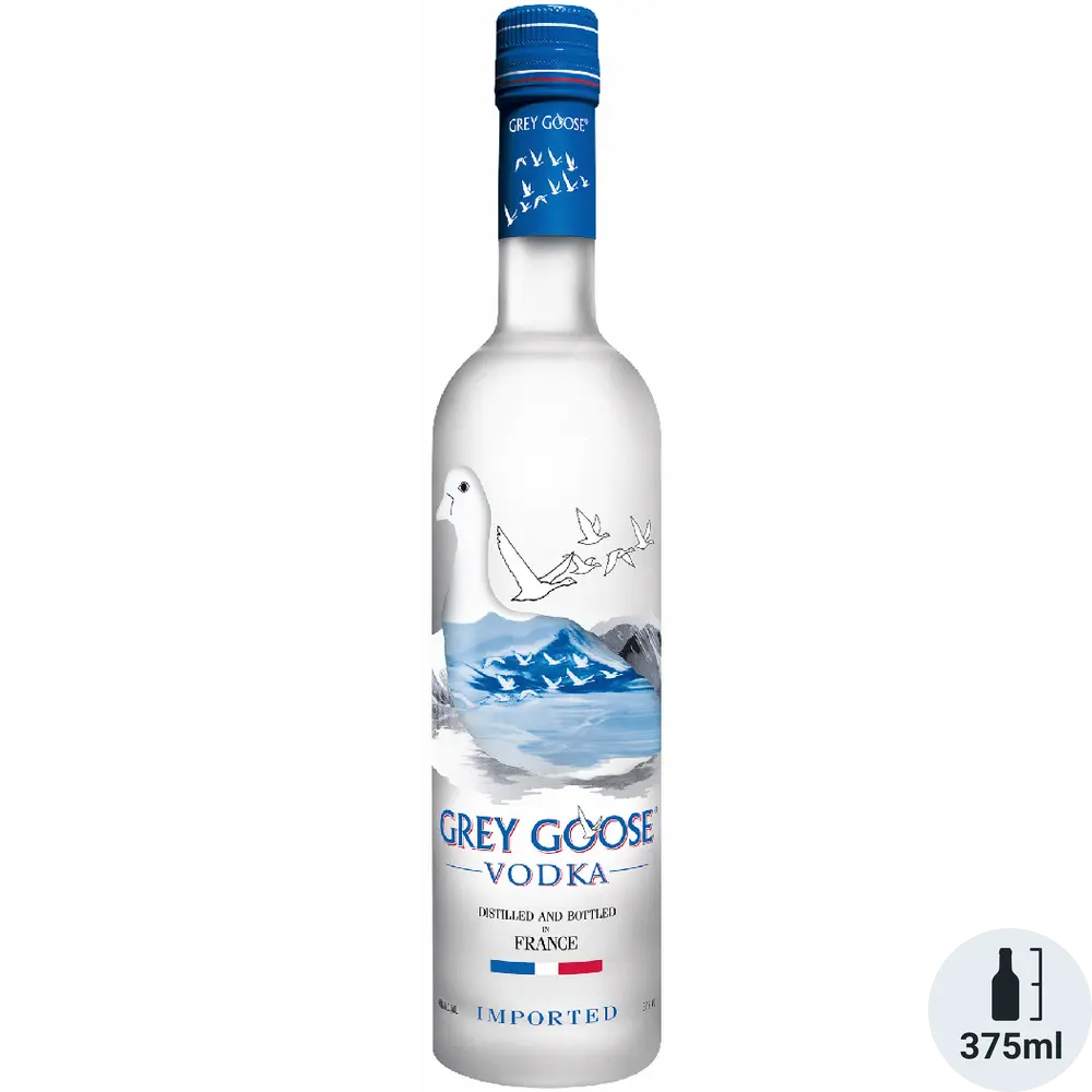 Grey Goose vodka bottle with scenic label on a white background