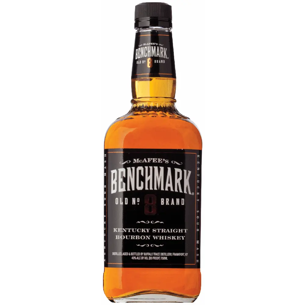 Bottle of McAlfee's Benchmark Kentucky Straight Bourbon Whiskey on a white background
