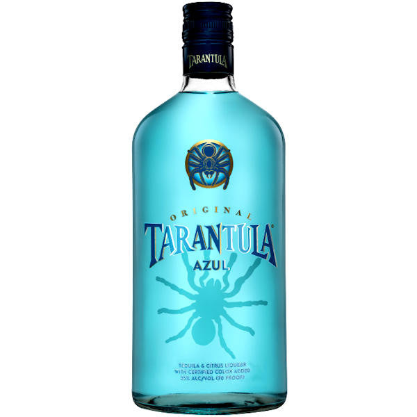 Blue bottle of Tarantula Azul liqueur on a white background