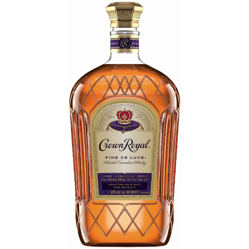 Bottle of Crown Royal Fine de Luxe whisky on a white background