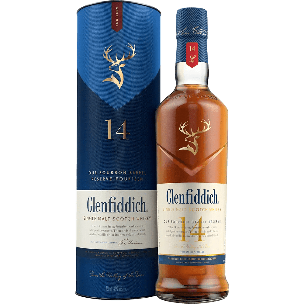 Glenfiddich 14 Year Bourbon Barrel Reserve Scotch whisky, showing the bottle and the packaging with blue and gold colors emphasizing the brand and product details.
