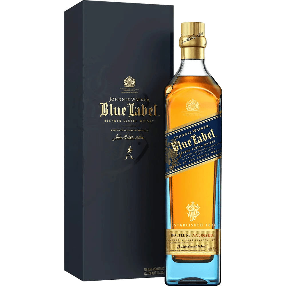 A bottle of Johnnie Walker Scotch Blue Label whisky, positioned in front of its packaging box. The bottle is tinted blue with a beige label, and the box has a similar color scheme with gold accents and text.