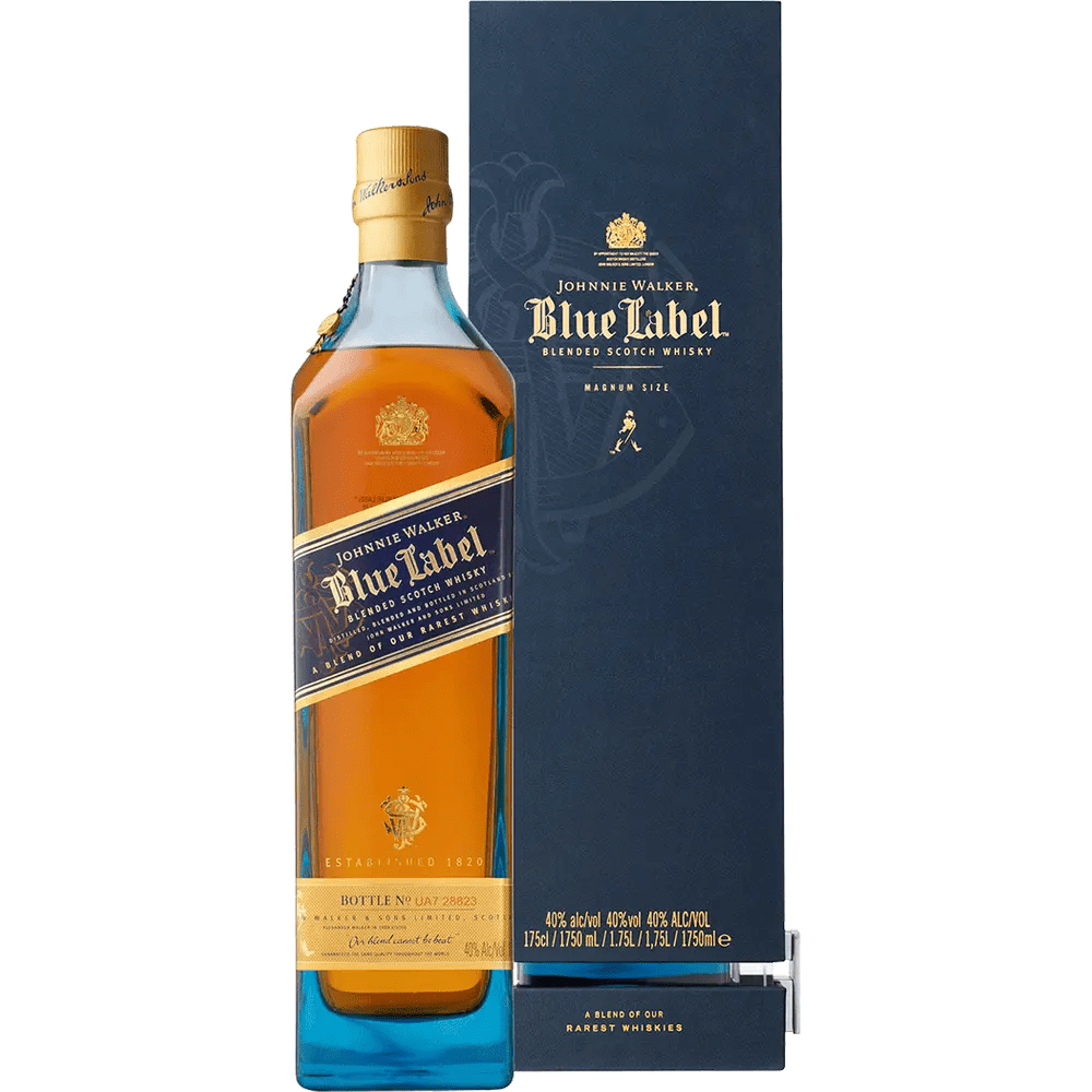 A bottle of Johnnie Walker Scotch Blue Label whisky, positioned in front of its packaging box. The bottle is tinted blue with a beige label, and the box has a similar color scheme with gold accents and text.