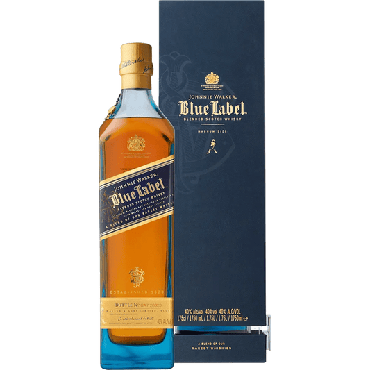 A bottle of Johnnie Walker Scotch Blue Label whisky, positioned in front of its packaging box. The bottle is tinted blue with a beige label, and the box has a similar color scheme with gold accents and text.