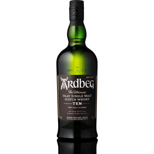 Bottle of Ardbeg Scotch Single Malt 10 Year old whisky with a green label and black text.