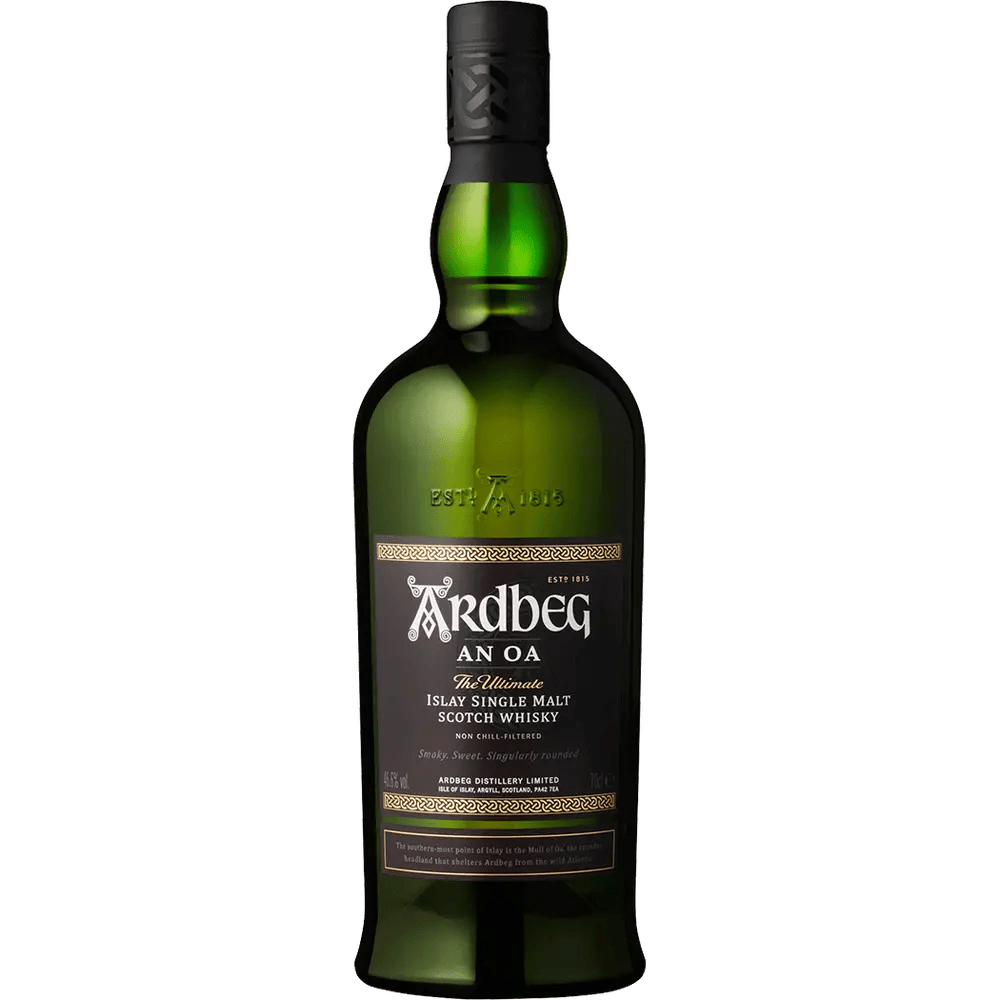 A bottle of Ardbeg Scotch Single Malt An Oa with a green label and black text.