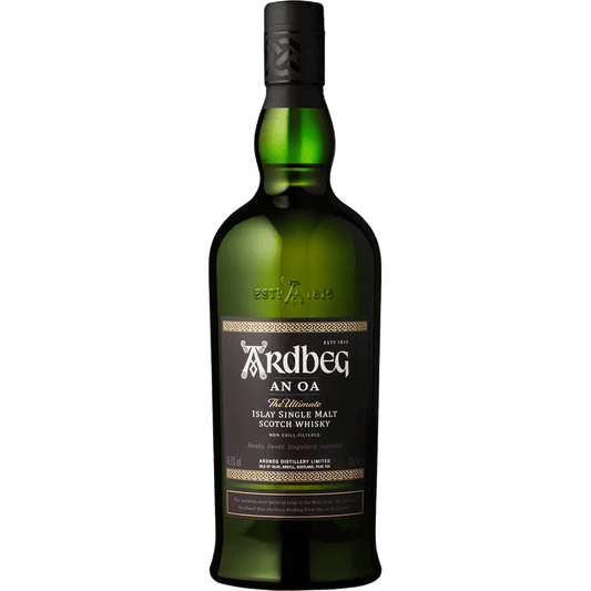 A bottle of Ardbeg Scotch Single Malt An Oa with a green label and black text.