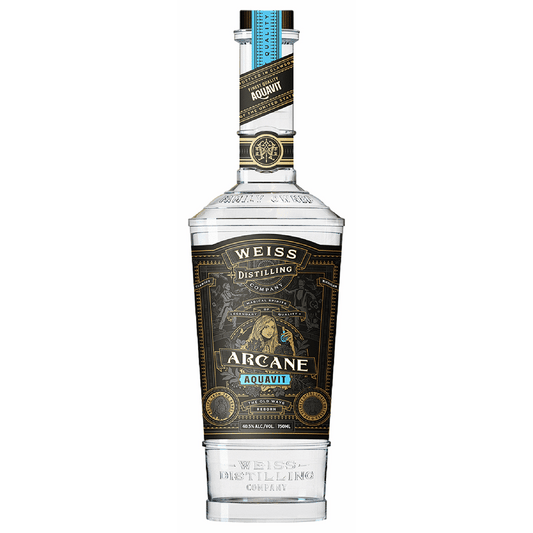 Bottle of Weiss Distilling Company Arcane Aquavit on a green background