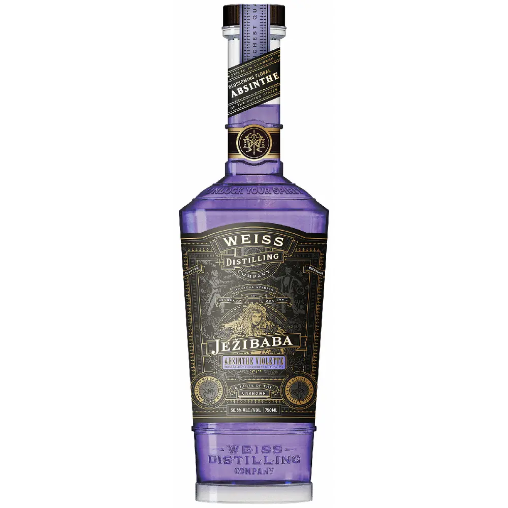 Purple bottle of Jezibaba absinthe with gold and black label on a white background