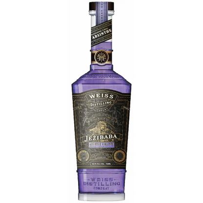Purple bottle of Jezibaba absinthe with gold and black label on a white background