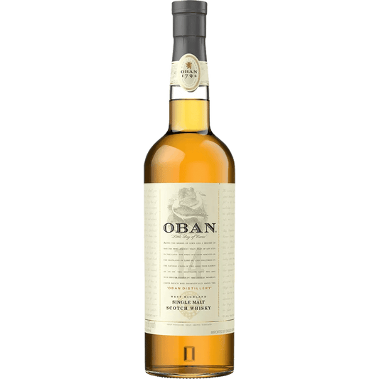 A bottle of Oban 14 Year Single Malt Scotch Whisky with a label displaying the brand name, age, and other details, set against a plain background.