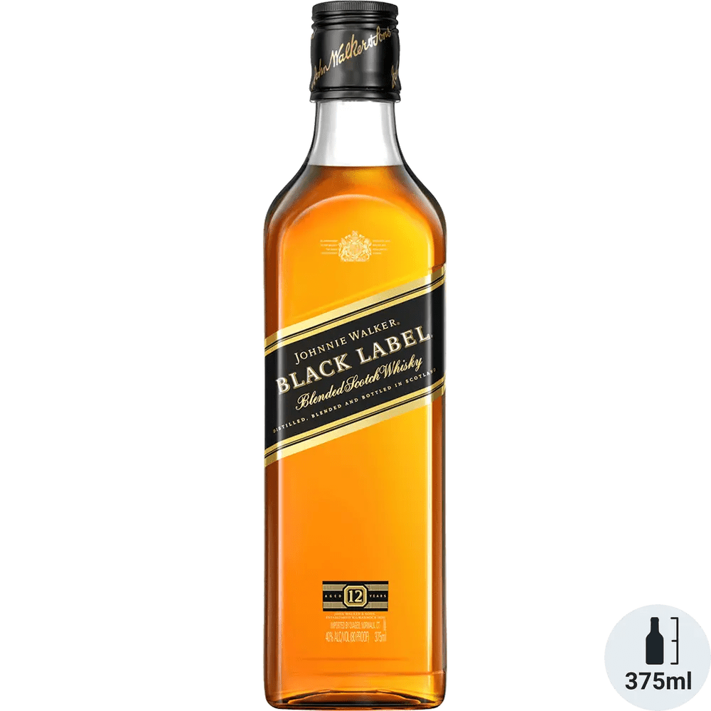 A bottle of Johnnie Walker Black Label Blended Scotch Whiskey with a clear label and logo on the front.