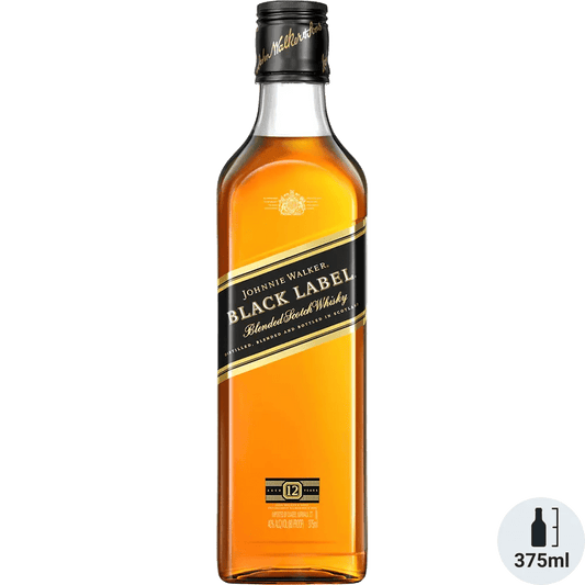 A bottle of Johnnie Walker Black Label Blended Scotch Whiskey with a clear label and logo on the front.