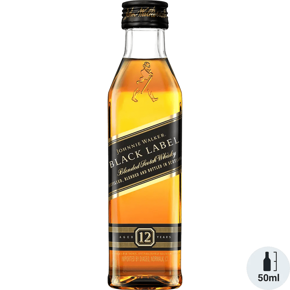 A bottle of Johnnie Walker Black Label Blended Scotch Whiskey with a clear label and logo on the front.
