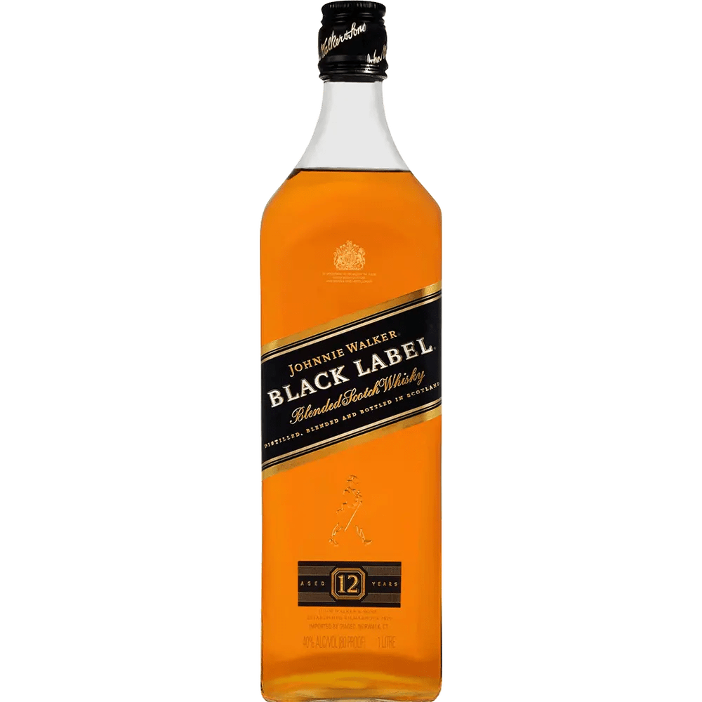 A bottle of Johnnie Walker Black Label Blended Scotch Whiskey with a clear label and logo on the front.