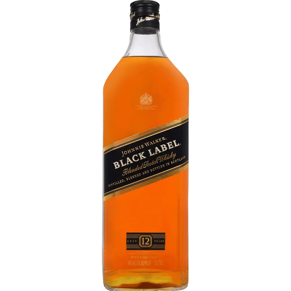 A bottle of Johnnie Walker Black Label Blended Scotch Whiskey with a clear label and logo on the front.