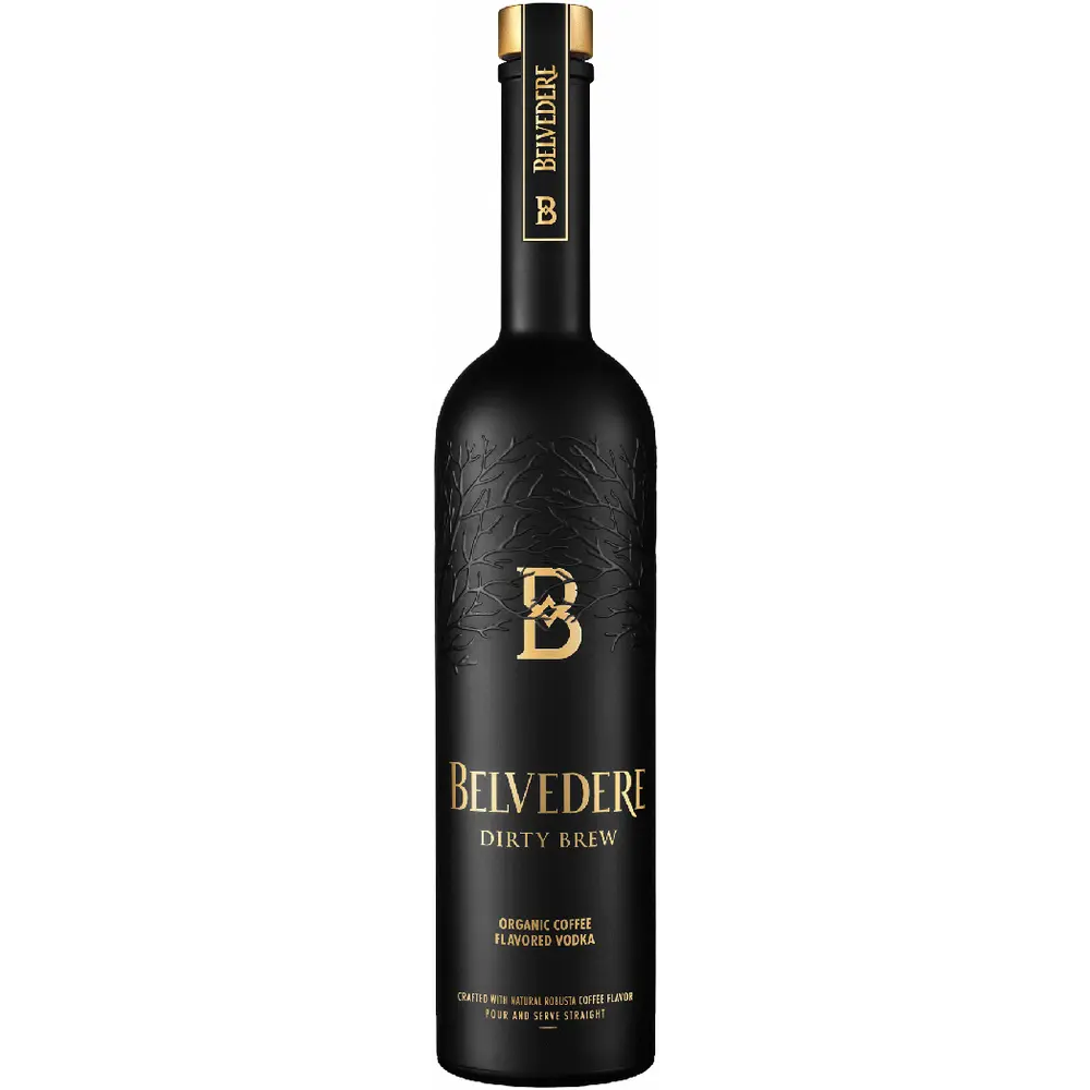 Black Belvedere Dirty Brew bottle with gold logo on a white background