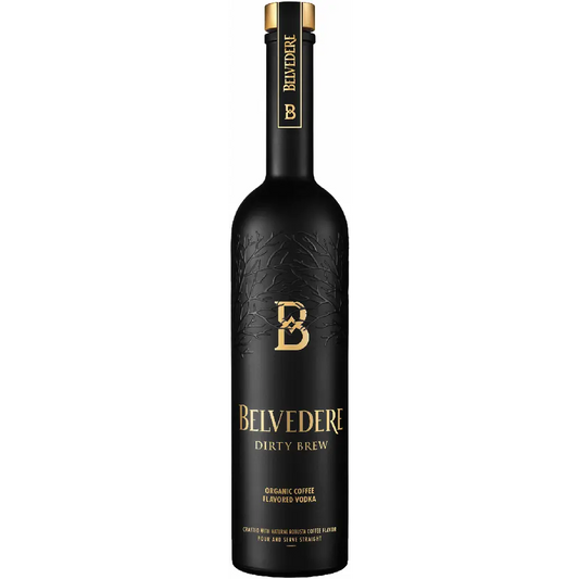 Black Belvedere Dirty Brew bottle with gold logo on a white background