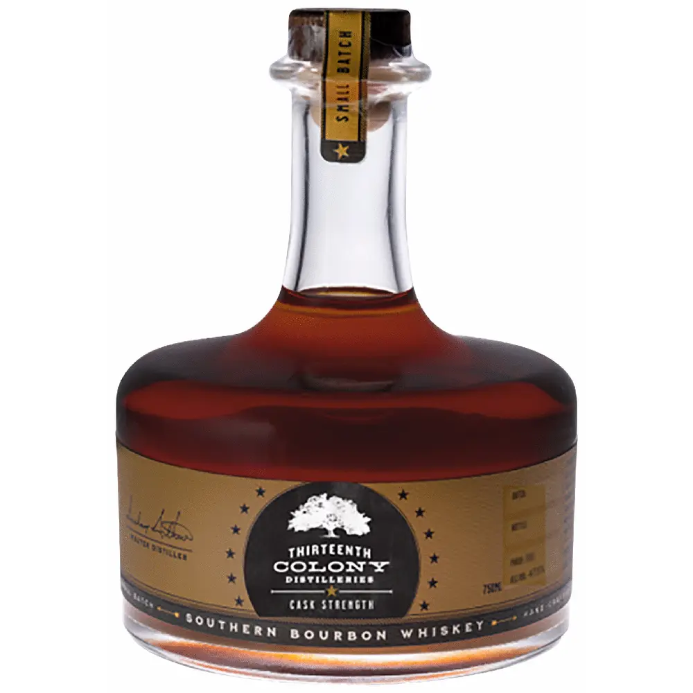 Bottle of Thirteenth Colony Southern Bourbon Whiskey on a white background