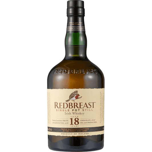 A bottle of Redbreast 18 Yr Single Pot Still Irish Whiskey with a label displaying the brand, product name, and alcohol volume.
