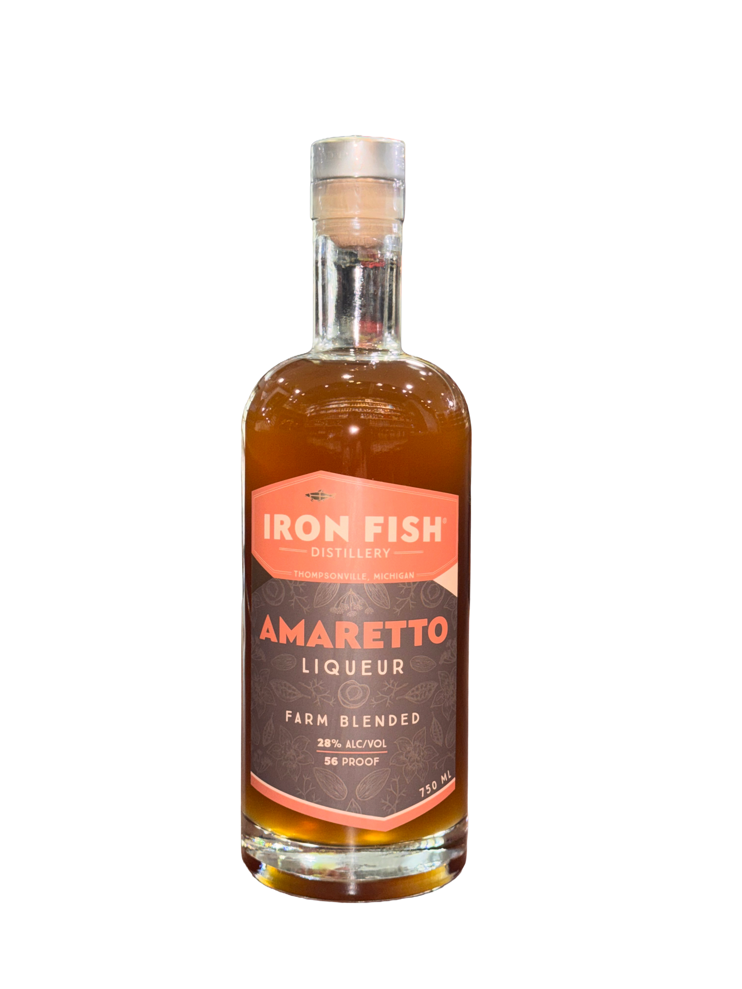 Bottle of Iron Fish Amaretto Liqueur on a white background