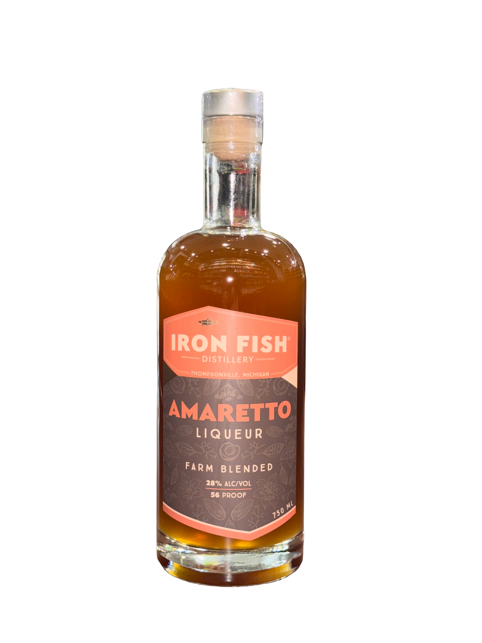 Bottle of Iron Fish Amaretto Liqueur on a white background