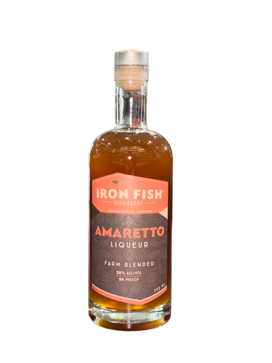 Bottle of Iron Fish Amaretto Liqueur on a white background