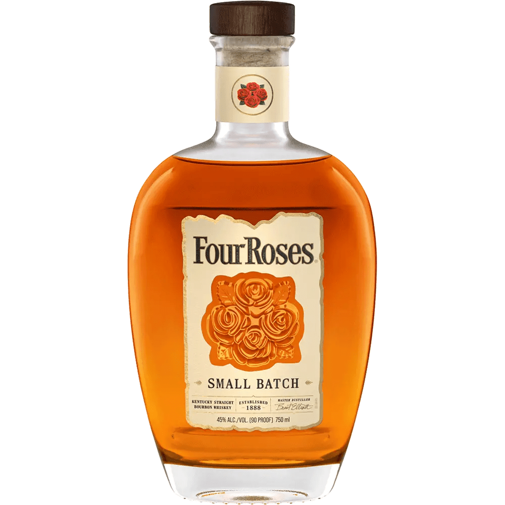 A bottle of Four Roses Small Batch Bourbon with a clear label displaying the brand and product name, against a plain background.