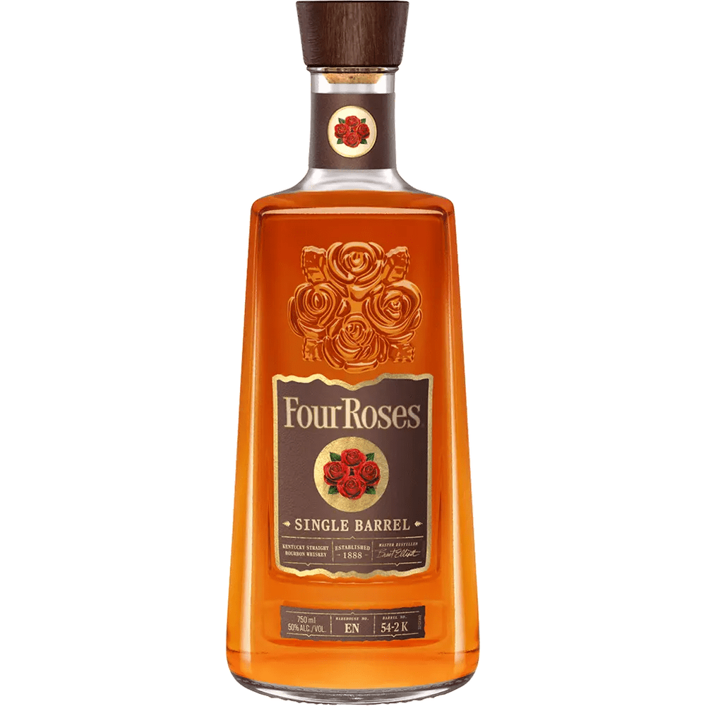 A bottle of Four Roses Single Barrel bourbon whiskey with a prominent label and logo.