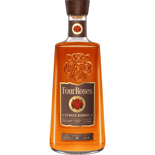 A bottle of Four Roses Single Barrel bourbon whiskey with a prominent label and logo.