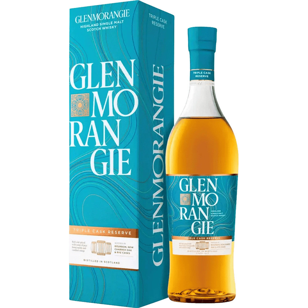 A bottle of Glenmorangie Triple Cask Reserve Scotch with its packaging box. The bottle is transparent with a golden amber liquid visible, and the box has a teal color with the brand and product name displayed.