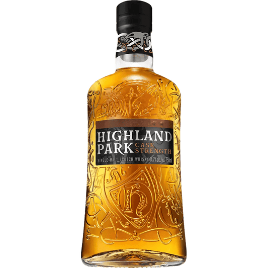 A bottle of Highland Park Cask Strength No.5 Scotch Whisky with an engraved label.
