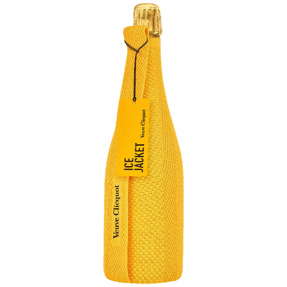 Bottle of Veuve Clicquot in a yellow ice jacket on a white background